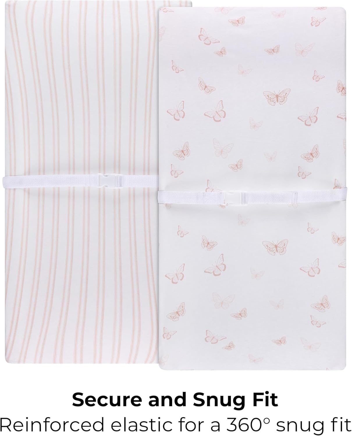 Ely’s & Co. Changing Pad Cover, Diaper Changing Table Sheets, 2 Pack, Cradle Sheet Set for Baby Girls, 100% Jersey Knit Cotton, 32”x16”x5” Pink Butterfly + Stripe Collection