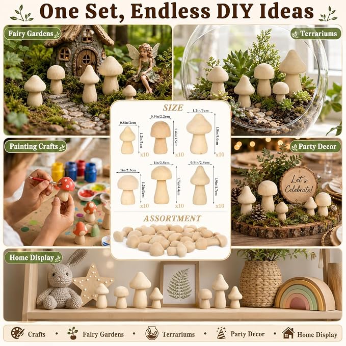 60Pcs Wooden Mushrooms, 6 Sizes of Natural Unfinished Wooden Mushroom, Wood