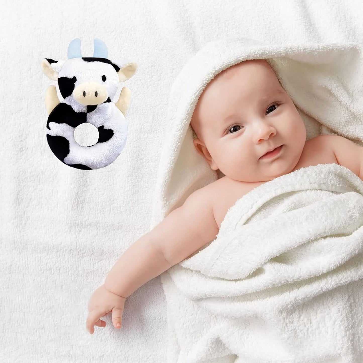 Baby Cow Soft Rattle Toy, Dairy Cattle Plush Infant Shaker Rattle Easy-Grasp Stuffed Animal Toy, Gifts for Newborns Babies Toddlers Boys Girls, Blue Horns, 6 Inches