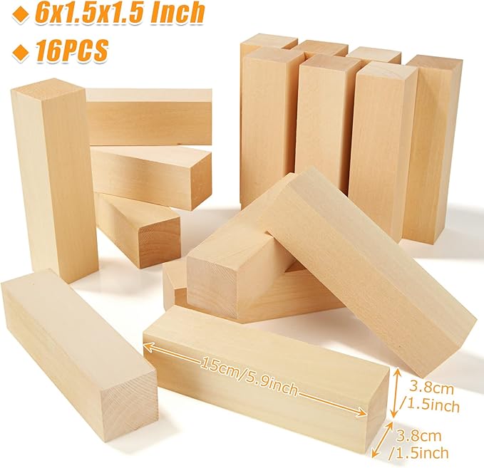 QTLCOHD 16 Pcs Basswood Carving Blocks 6 x 1.5 x 1.5 inch | Whittling Bass Wood