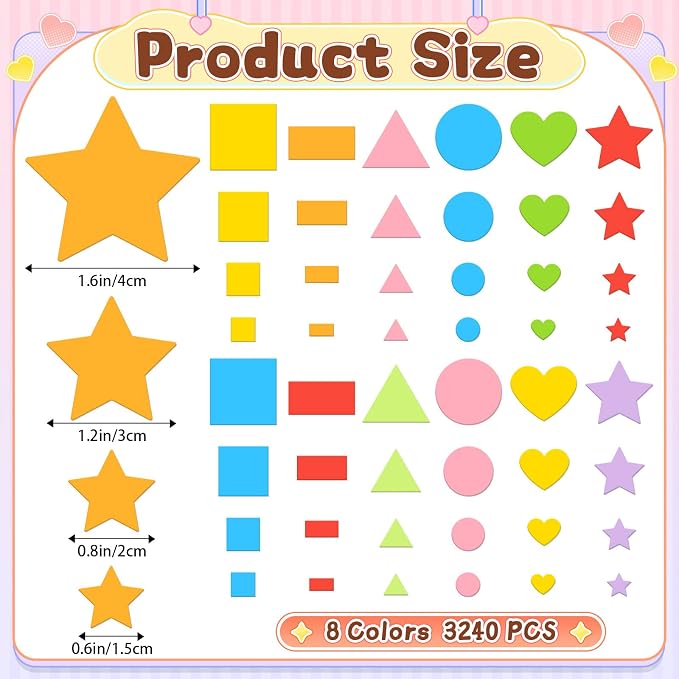 3240Pcs Foam Stickers Foam Shape Stickers Colorful Self Adhesive, 8 Colors