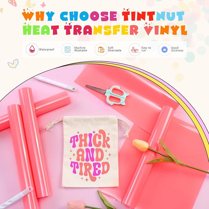 Tintnut Light Pink Neon Heat Transfer Vinyl, easy cut & weed, stretch washable