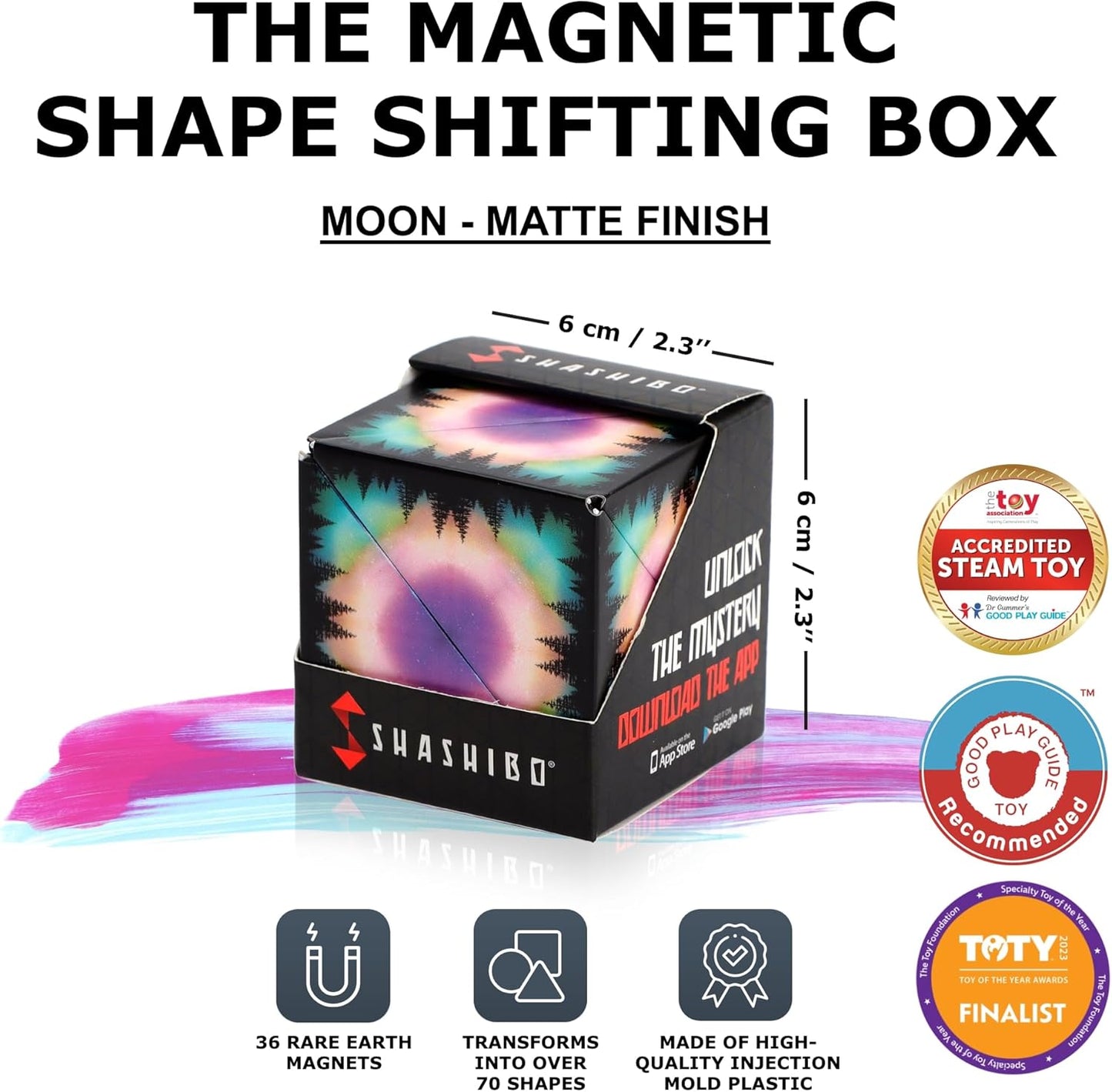 SHASHIBO Shape Shifting Box - Award-Winning Fidget Toy w/ 36 Rare Earth Magnets - Fidget Cube Transforms Into Over 70 Shapes, Sensory Toy Gift for Kids, Teens, and Adults (Moon)