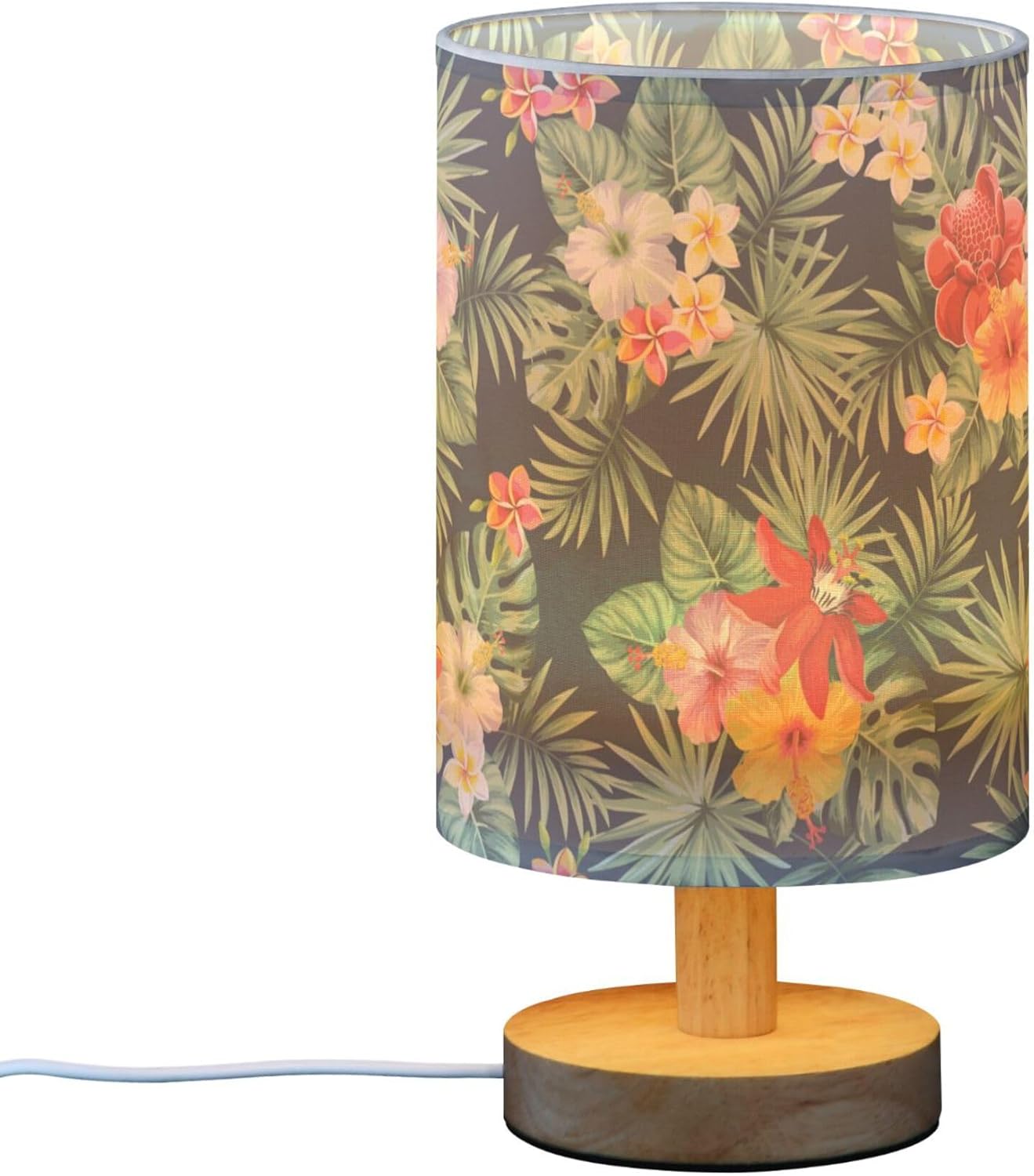 Table Lamp Tropical Palm Leaves Hibiscus Plumeria Flower Nightstand Lamp with Wood Base Fabric Lamp Shade Bedside Desk Lamp for Living Room Bedroom Kids Room Office