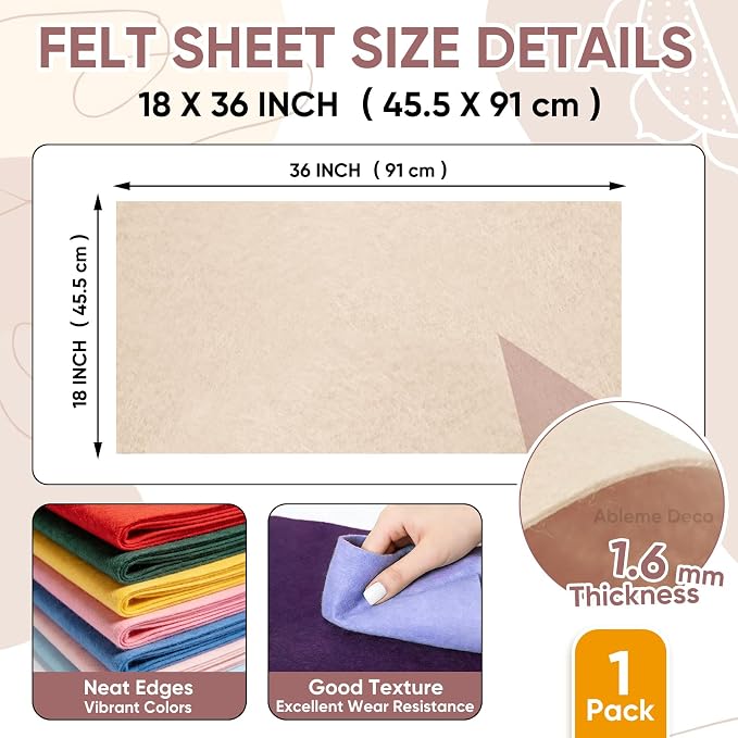 Soft Felt Fabric Sheet 18" x 36", 1.6mm Acrylic Craft Felt, Large Precut Sheet