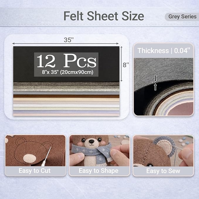 Large Stiff Felt Sheets 8"x35" – 12 Assorted Colors Felt Fabric Bundle Pack