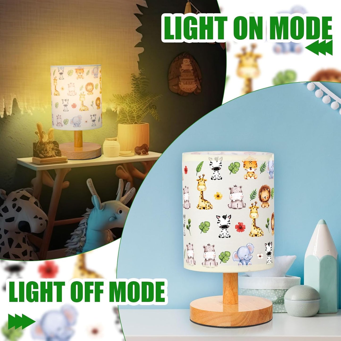 VIHOSE Safari Animal Kids Table Lamp for Bedroom Kids Bedside Lamp with Linen Wooden Nightstand Cartoon Nursery Lampshade for Girls Boys Living Room