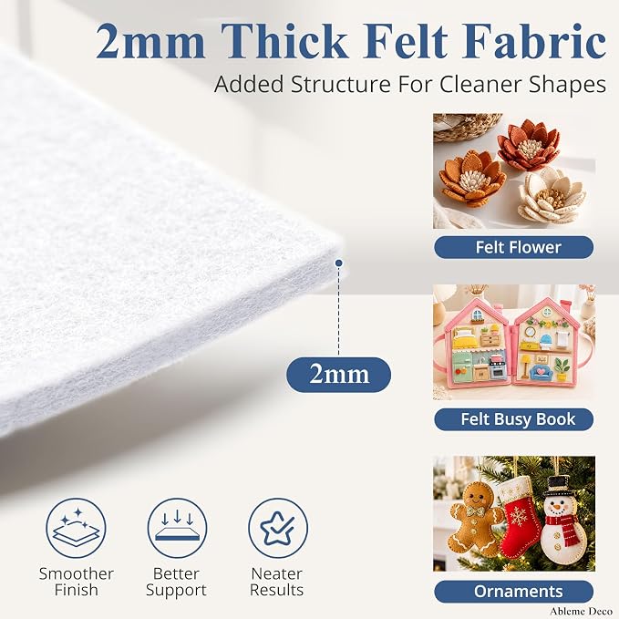 12" x 12" Felt Sheets for Crafts, 2mm Stiff Felt Fabric, Polyester Felt Squares
