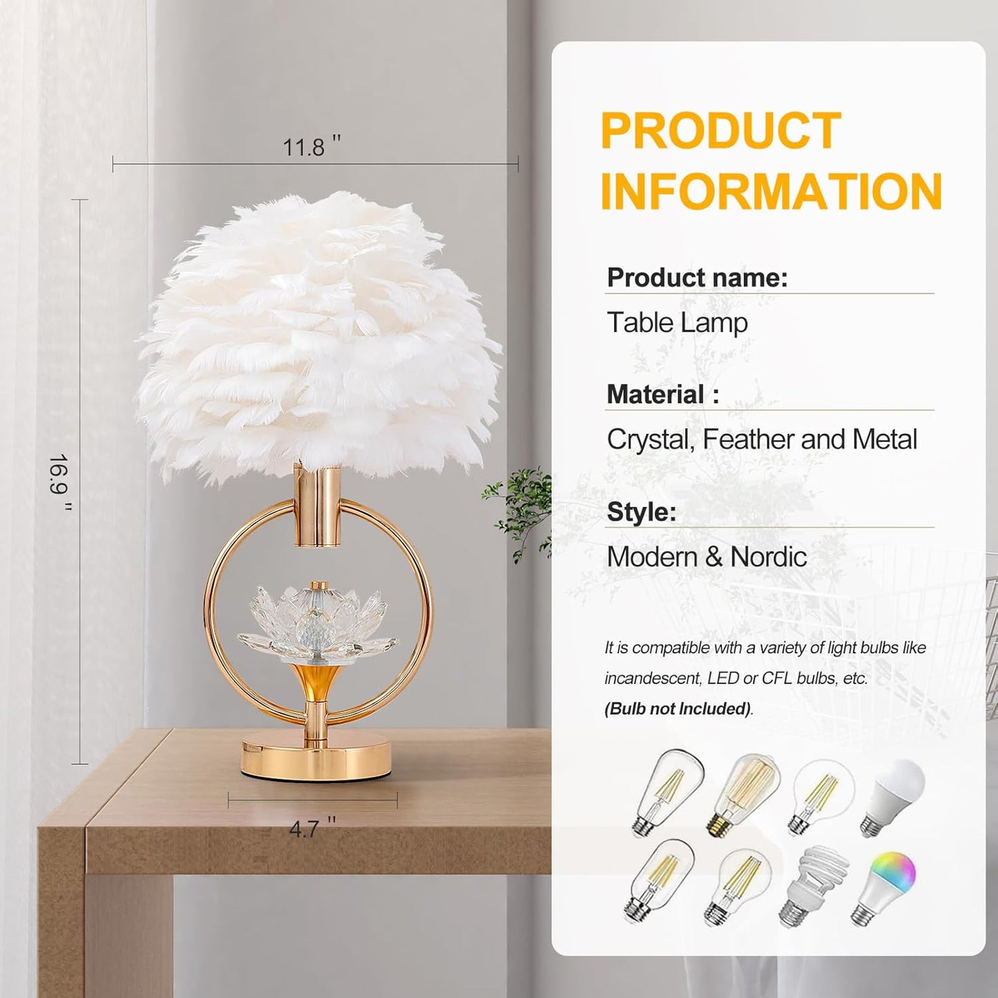 ZYLEIESENBAO Chic White Feather Lamp 17IN Modern Crystal Fluffy Table Lamp Cute Romantic Bedside Nightstand Light Nordic Furry Desk Lamp for Girl Bedroom Living Room Entry Office Hotel Party Wedding