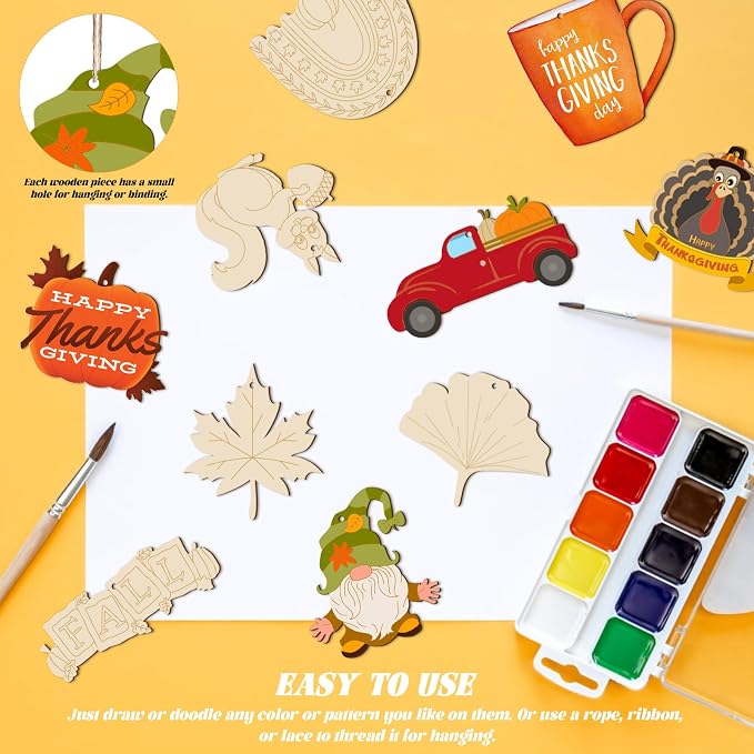 Subacy 80 PCS Unfinished Thanksgiving Wood Cutouts 10 Styles DIY Wooden Crafts
