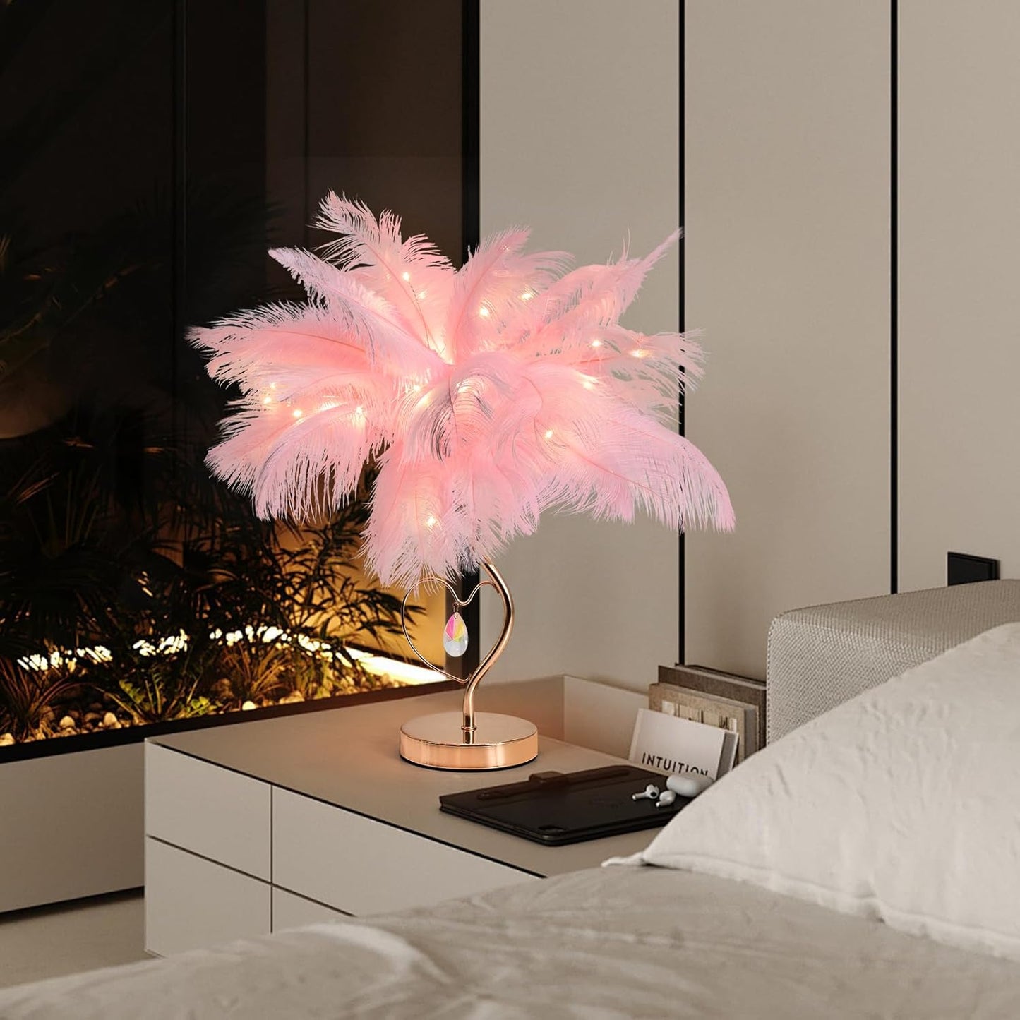 Pink Ostrich Feather Lamp Creative Furry Bedside Lamp Romantic Feather Table Lamp Fluffy Nightstand Lights for Girl Bedroom Wedding Decor Valentines Dating Livingroom Hotel Office