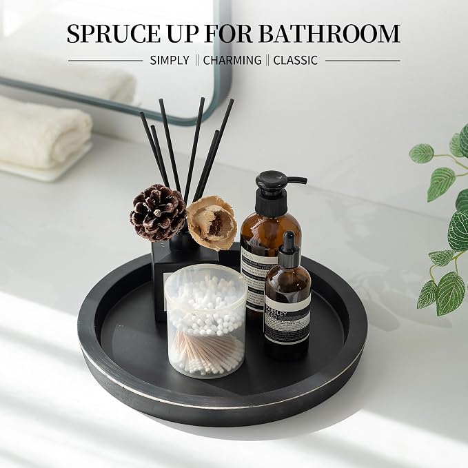 Hanobe Wooden Tray for Coffee Table: Candle Holder Plate Black Round Decorative