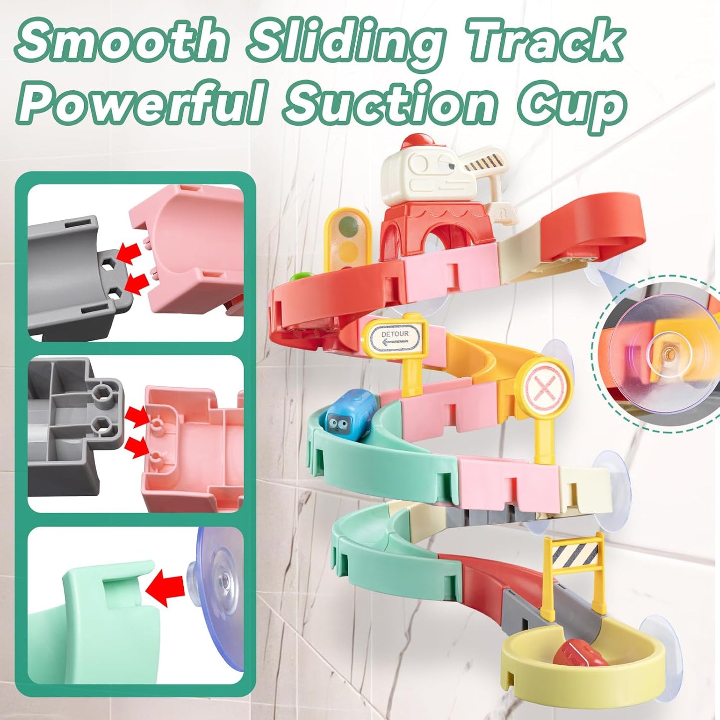 Car Slide Bath Toys for Kids Ages 4-8, Wall Track Building Set for 3-5 Year Old, Fun DIY Kit Bathtub Time Birthday Gift for Toddler Boys & Girls (37 PCS)