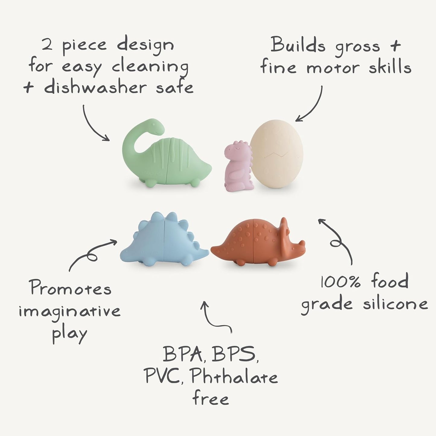 mushie Dino Bath Toys Play Set for Toddlers | 100% Food Grade Silicone | Mold Free, Pack of 5