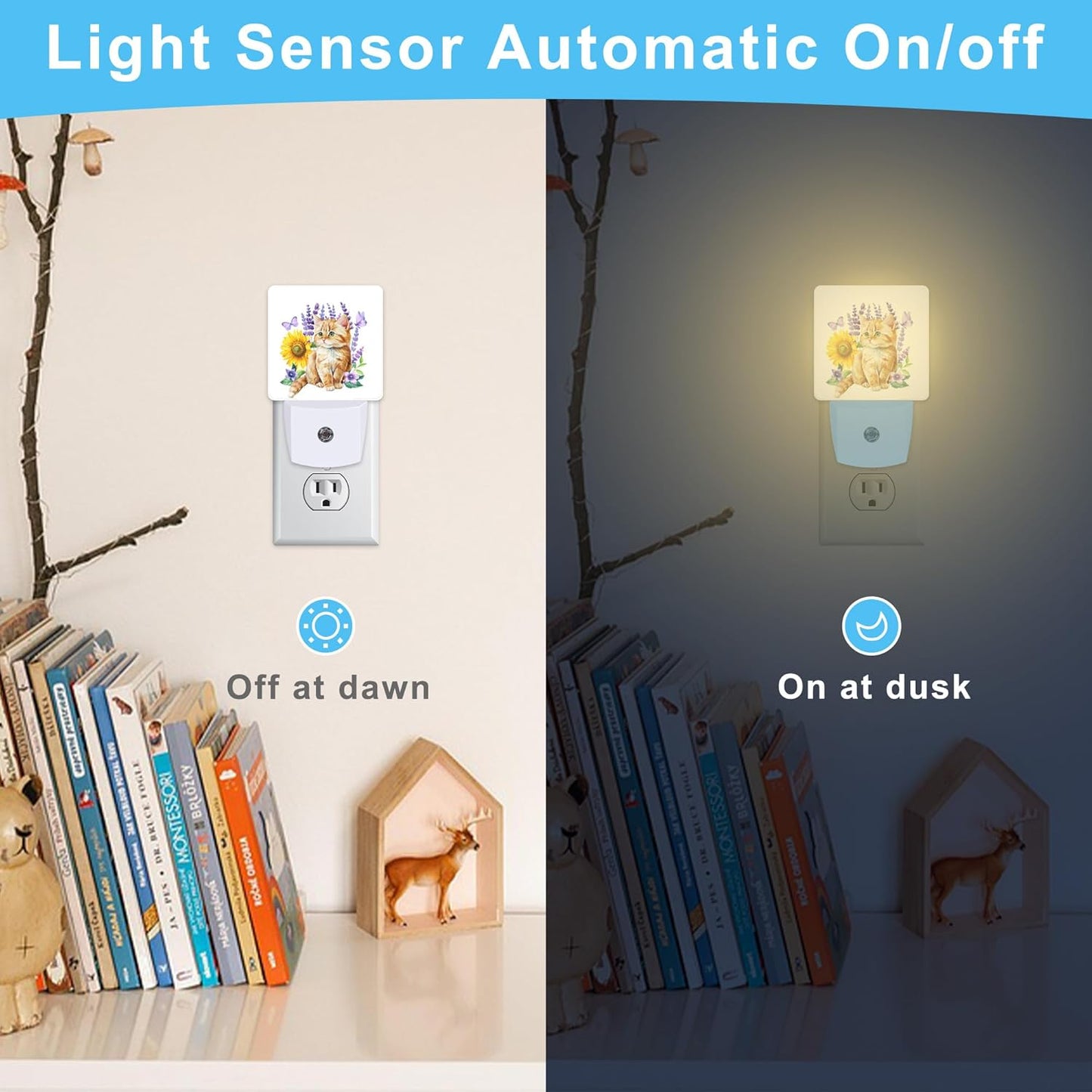 Cute Kitten and Lavender Flowers,Sunflower Butterflies Floral Plug in Night Light with Auto Dusk to Dawn Sensor,Warm Night Lights for Boys Girls Bedroom Bathroom Hallway Kids Room Gifts