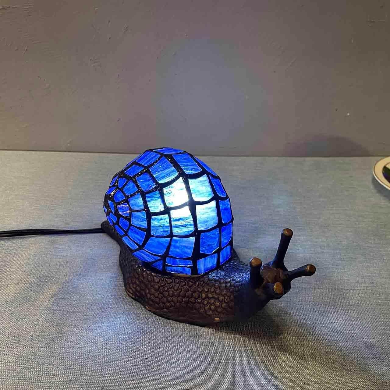 Bieye L10983 Land Snail Tiffany Style Stained Glass Accent Table Lamp for Home Decoration (Blue, 10" D x 5" W x 5" H)