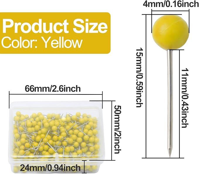 Yellow Map Pins, 1/8 Inch, Round Ball Head | Map Tacks, Push Pins
