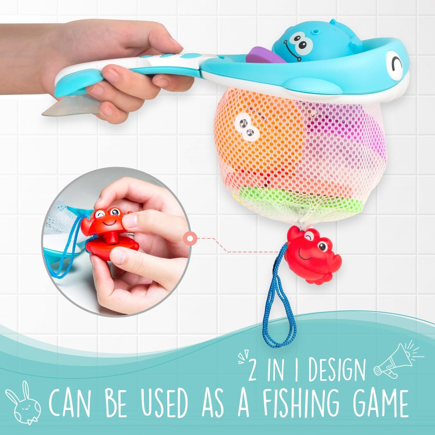 Comfylife Baby Bath Toy Organizer - Bath Toy Storage for Shower - Bathtub Toy Organizer Includes Foam Bath Toys (Numbers & Letters & Squirty Toys) + Extra Net That Doubles as a Toy