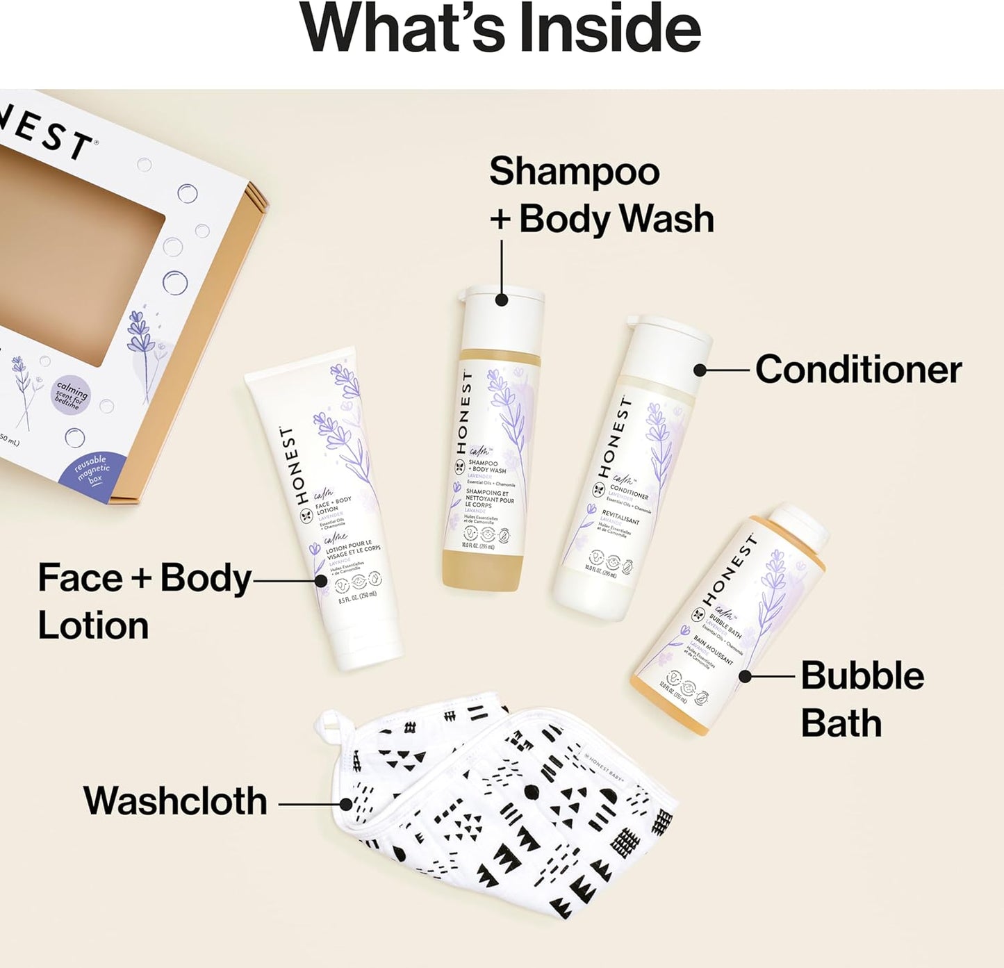The Honest Company Calming Lavender Bathtime Gift Set Hypoallergenic Bath Essentials for Sensitive Baby Skin Shampoo and Body Wash Face and Body Lotion Bubble Bath Conditioner Wash Cloth