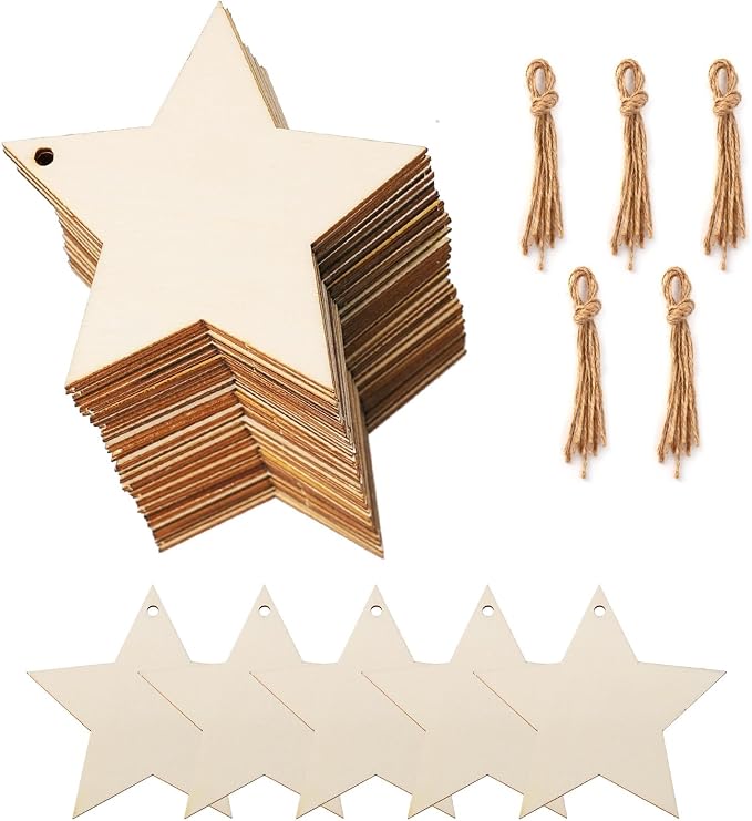 50Pcs Unfinished Wooden Stars Ornanents Independent Christmas Decoration