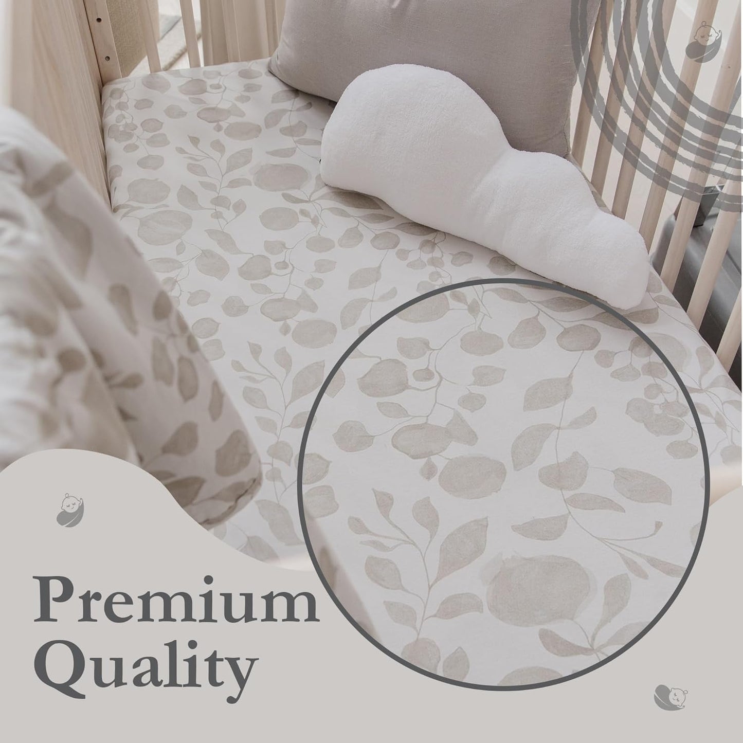 Oilo Changing Pad Cover, Breathable 100% Turkish Cotton Fitted Jersey, 300 Thread Count, Machine Washable, Fits Standard Changing Pads (32" x 16"), Girl, Boy, & Neutral Nursery Design, Beige Leaf
