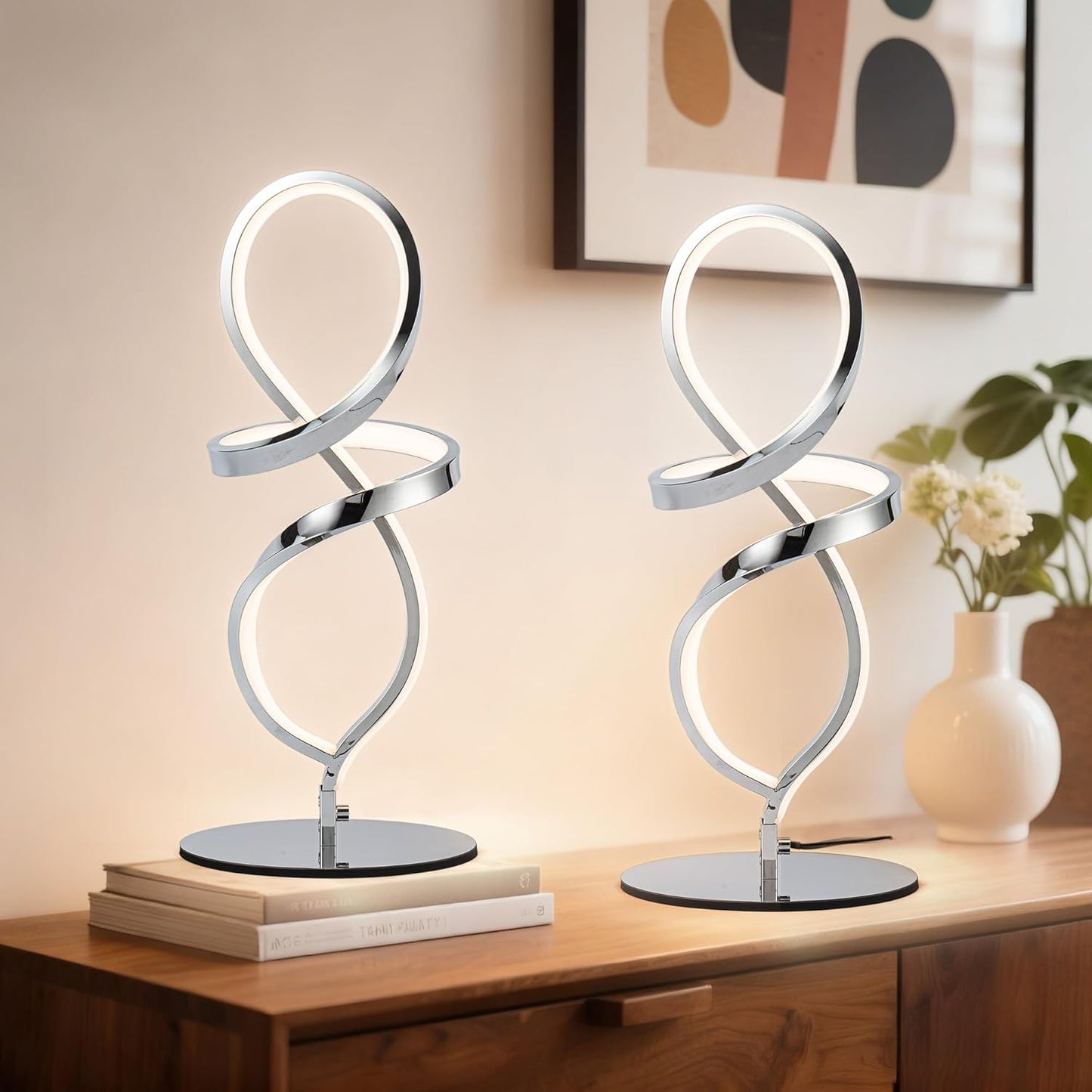 Mayful Modern Lamp with LED Spiral Design, Bedside Lamp with Stepless Dimming Switch, Contemporary Nightstand & Chrome Table Lamp for Bedroom, Living Room, Home Office, 12W 3200K Warm White,2 Pack