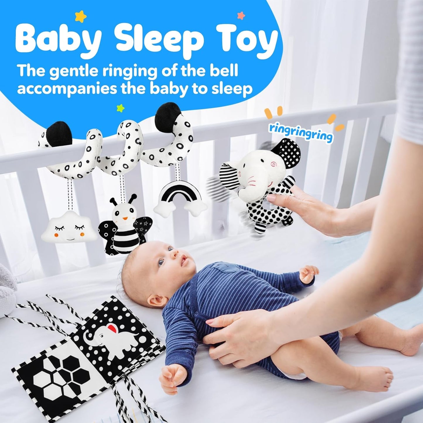 Car Seat Toys for Babies 0-6 Months,Hanging Rattle Toys for Crib Mobile, Baby Spiral Hanging Stroller Black and White High Contrast Toys for Newborn 0 3 6 9 12 Months Baby Boys Girls (Set-1)
