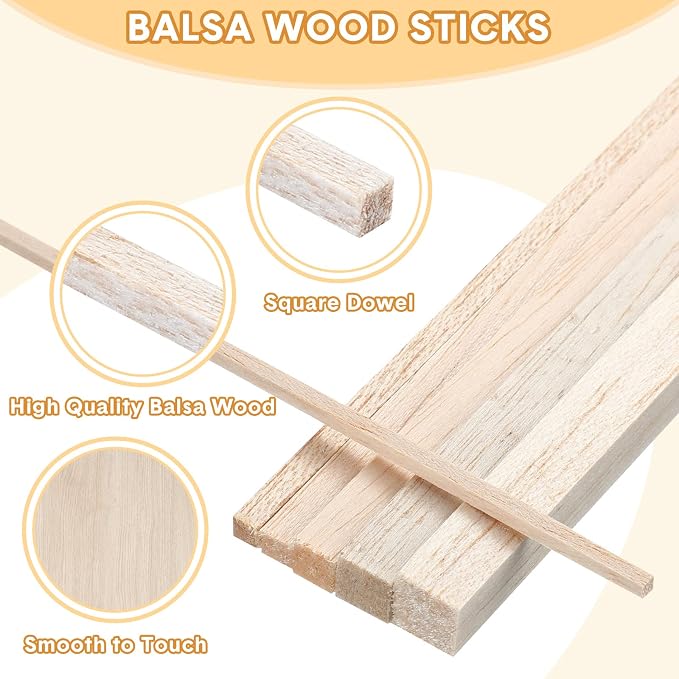Yulejo 215 Pieces Balsa Wood Sticks Wooden Dowel Rods Square Hardwood