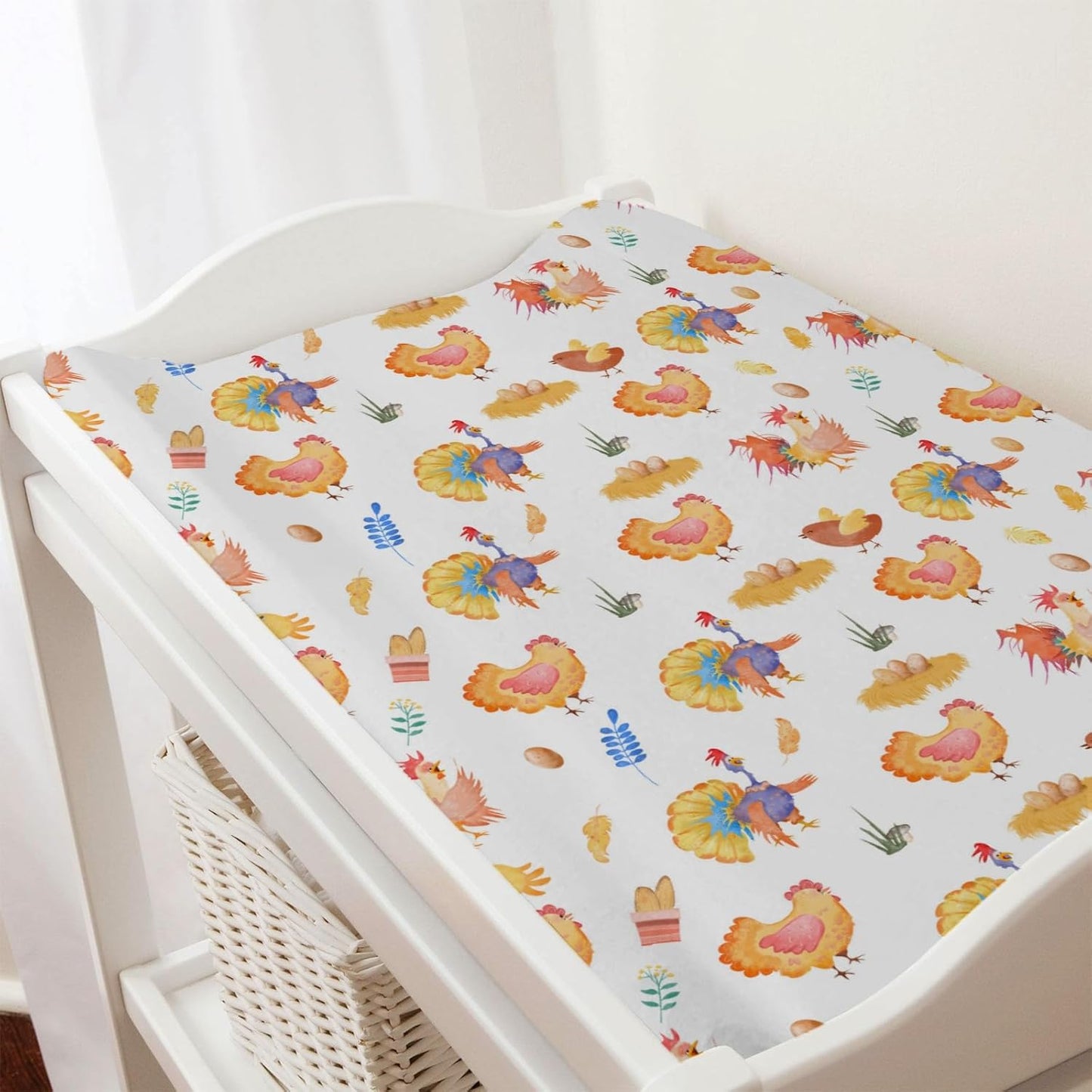 Rooster Hens Chicken Eggs Floral Leaves Changing Pad Cover for Boys Girls Baby Chicken Farm Animals Unisex Diaper Change Pad Table Sheets Soft Stretchy Snug Fitted Change Table Mats 32''x16''