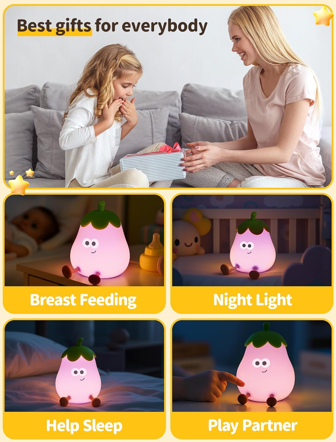Eggplant Night Light for Kids, Nursery Night Lights, Bedside Touch Lamp, Cute Silicone Nightlight for Baby Toddler, 3 Level Dimmable Soft Night Lamps Gift for Bedroom Kids Room Decor