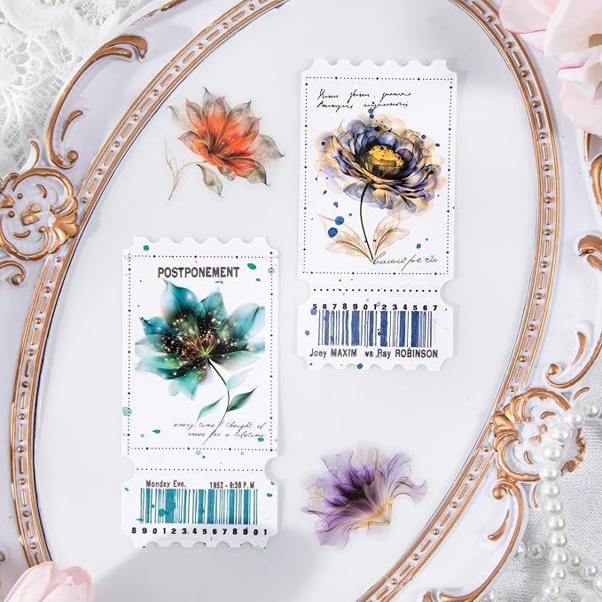 90PCS Flower PET Stickers, Waterproof Transparent Floral Designs