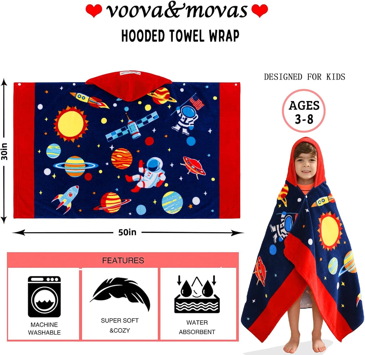 VOOVA & MOVAS Kids Hooded Towels Age 3-10, 30''X50,Soft | Thick | Absorbent Cotton Beach, Bath, Pool Towel | Wrap, Oversized for Boys Girls | Space Theme