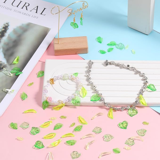 320 PCS Green Leaf Beads for Jewelry Making, Acrylic Green Leaf Charms