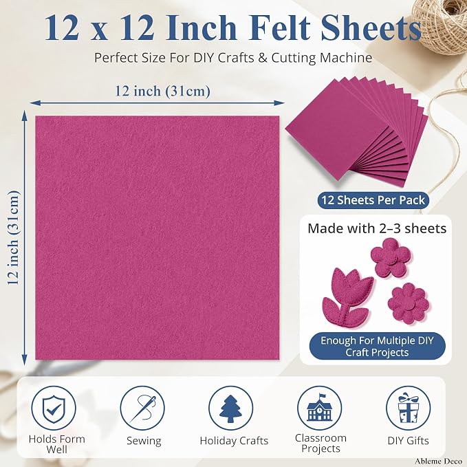 12" x 12" Felt Sheets for Crafts, 2mm Stiff Felt Fabric, Fuchsia | 2mm Thick