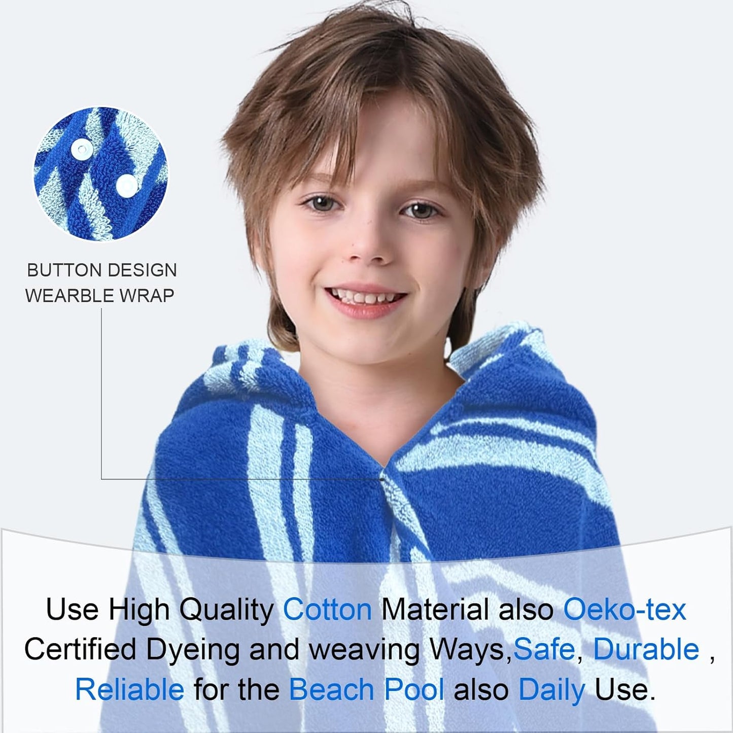 VOOVA & MOVAS Hooded Bath Towels for Kids (3-10Years,27.5"x55"),100% Cotton Absorbent Soft Towel Wrap for Toddler Boys,Perfect for Bathroom | Pool | Beach | Swimming, Jacquard Blue Stripe