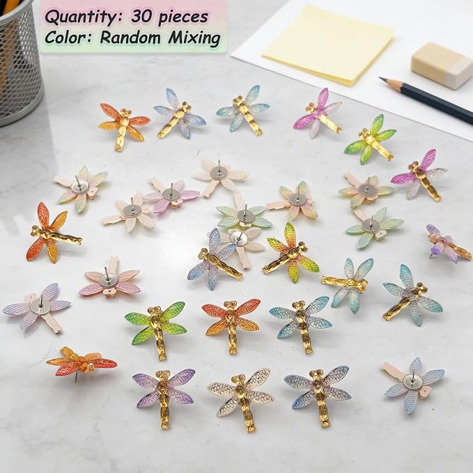 30 Pcs Colorful Resin Dragonfly Push Pins, Insect Thumb Tacks