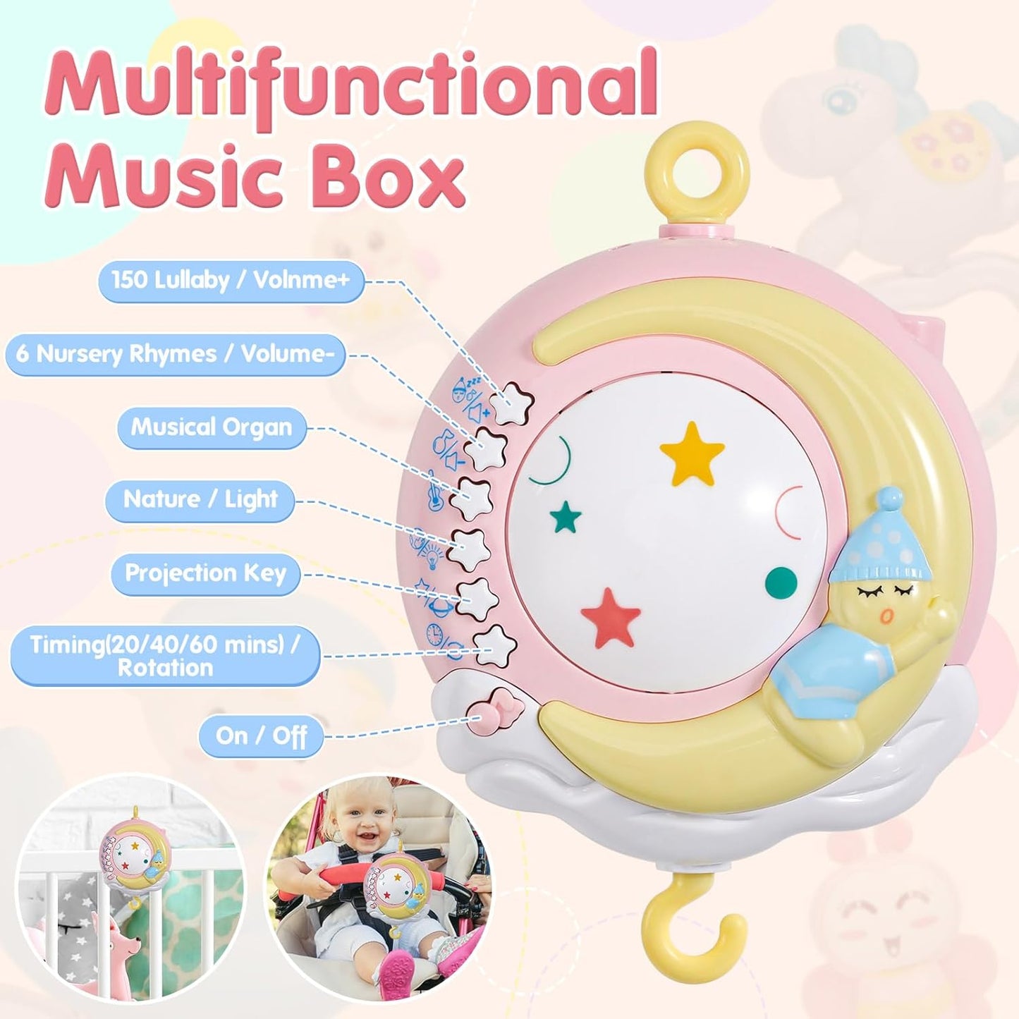 BOBXIN Baby Musical Crib Mobile for Bassinet with Projector and Night Light,150 Music,Timing Function,Take Along Mobile Musical Box and Rattle,Toy for Newborn Girls Boys