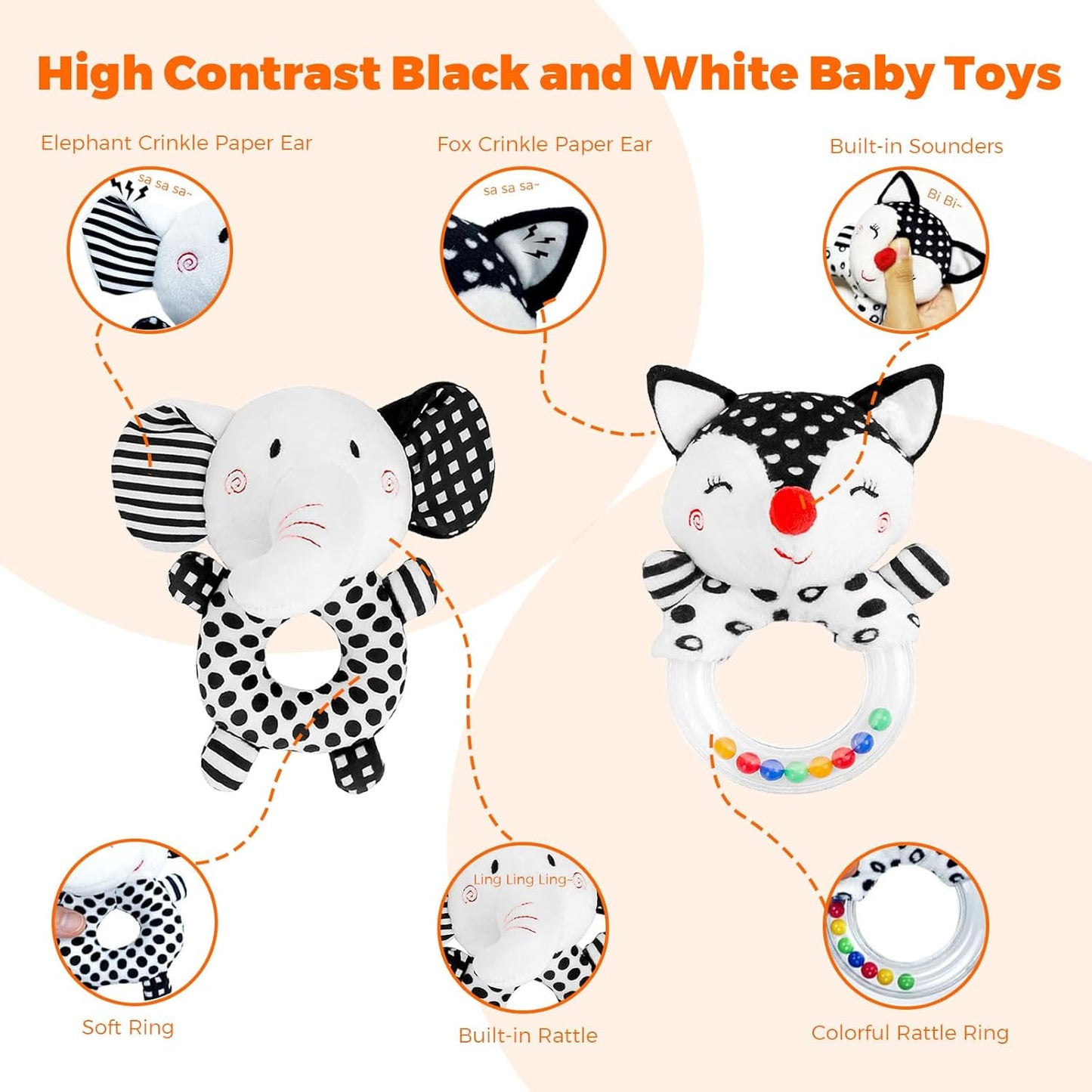 Baby Rattle Newborn Toys 0-3 Months Black and White High Contrast Baby Toys for Newborn, Soft Rattles for Babies 0-6 Months Infant Sensory Development Toy 0 3 6 9 12 Months Baby Shower Gift
