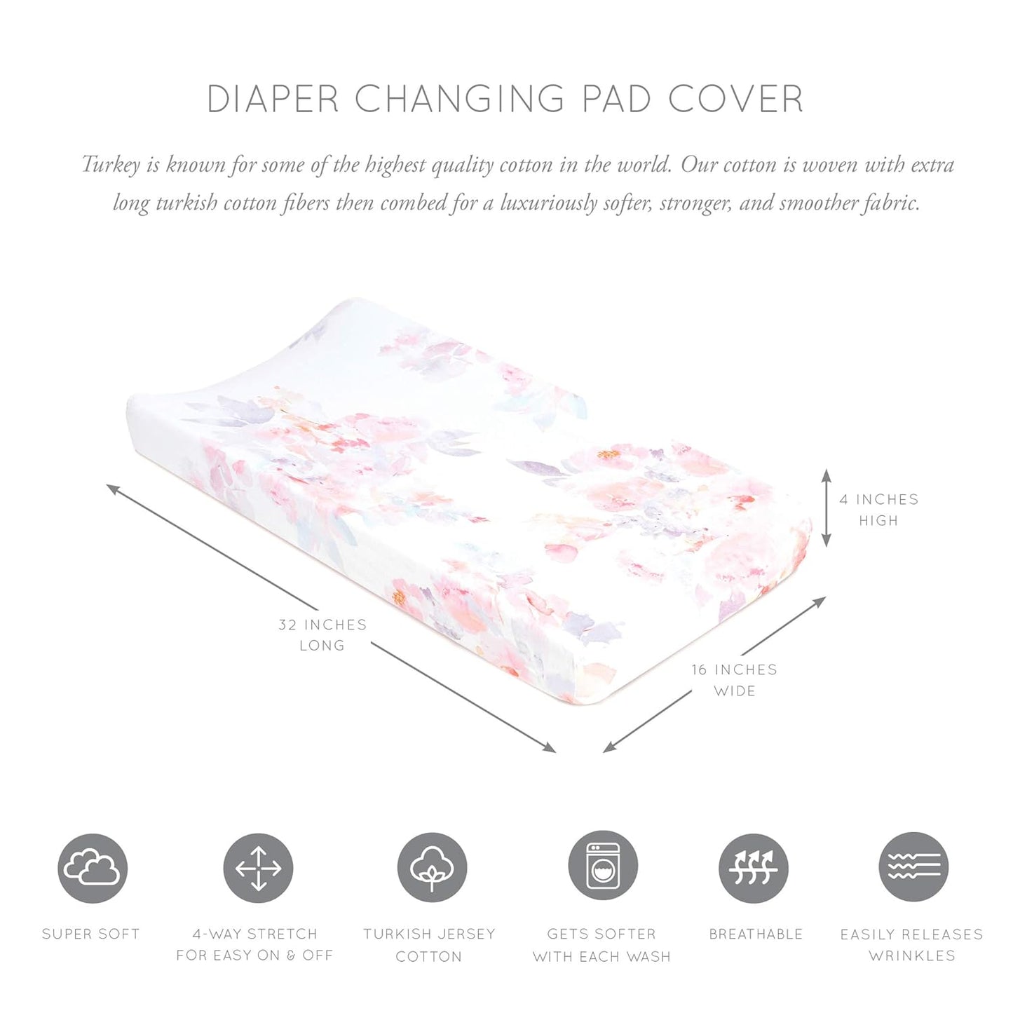 Oilo Changing Pad Cover, Breathable 100% Turkish Cotton Fitted Jersey, 300 Thread Count, Machine Washable, Fits Standard Changing Pads (32" x 16"), Girl, Boy, & Neutral Nursery Design, Prim