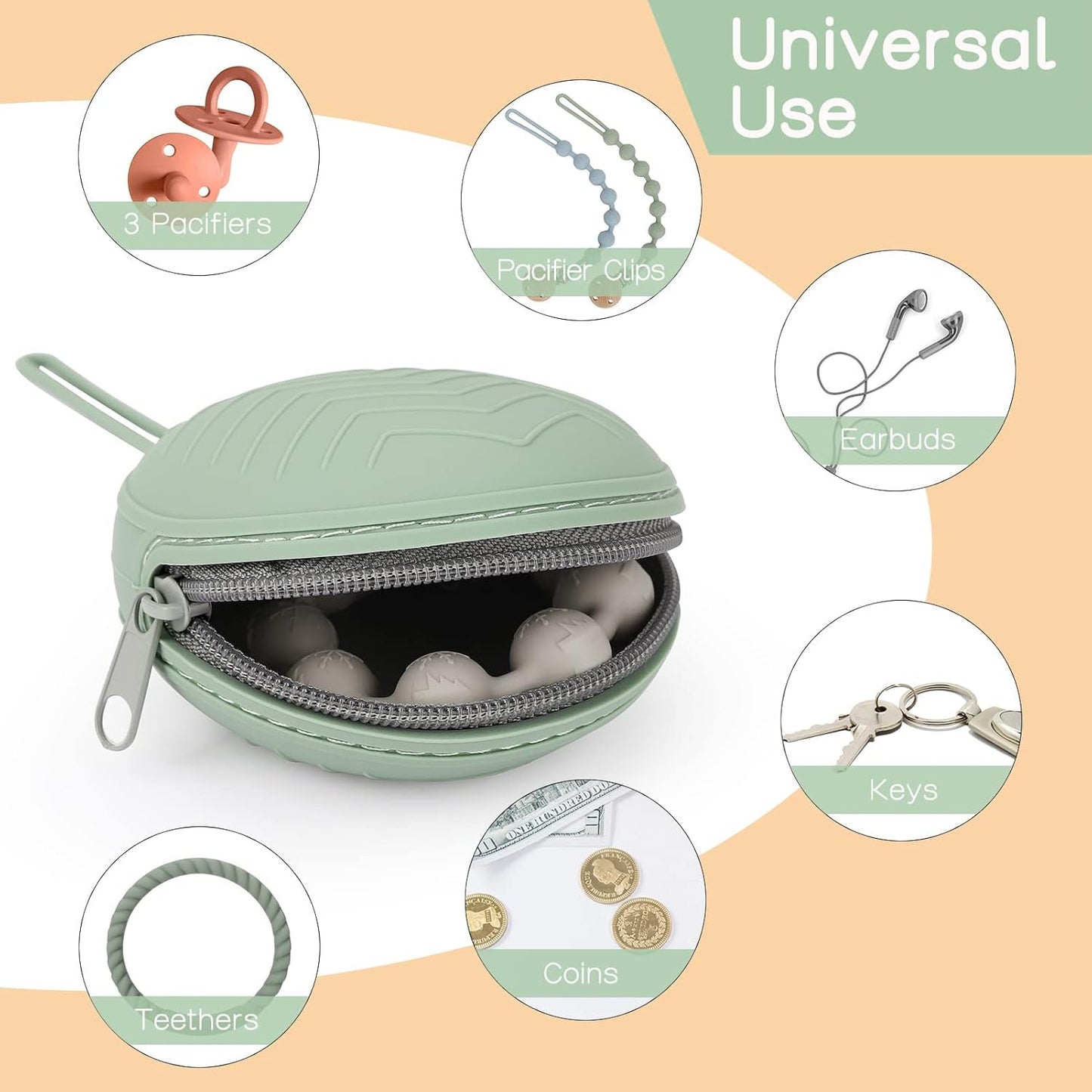 2-Pack Silicone Pacifier Holder Case - BPA-Free Pacifier Holder Pouch for Baby Boys & Girls- Portable & Dishwasher Safe Soother Container for On-The-Go Use (Sand/Light Grey)