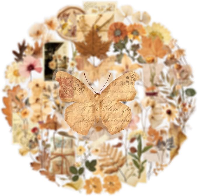 50 Pcs Dried Flower Stickers Aesthetic Autumn PET Transparent Stickers Vintage