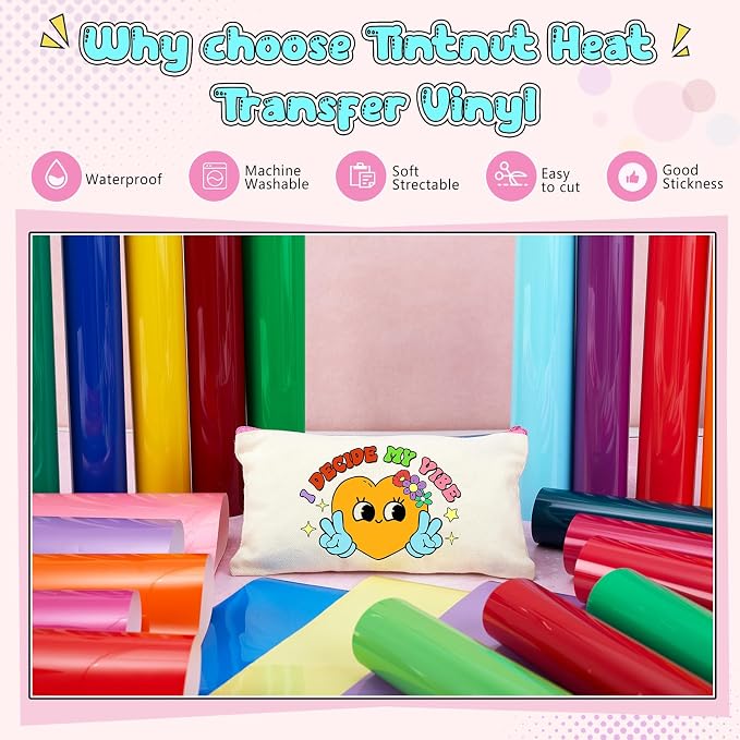 Tintnut Bright Color Heat Transfer Vinyl, 24 Sheets 12×10in Iron on Vinyl |