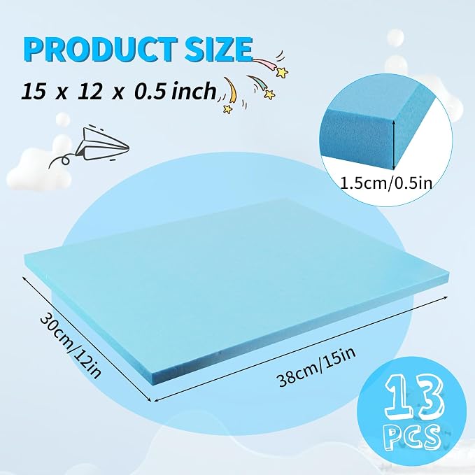 LuckyFoam Blue 13 Pack 15x12x0.5 inch Foam Sheets 0.5 Inch Thick | Polystyrene