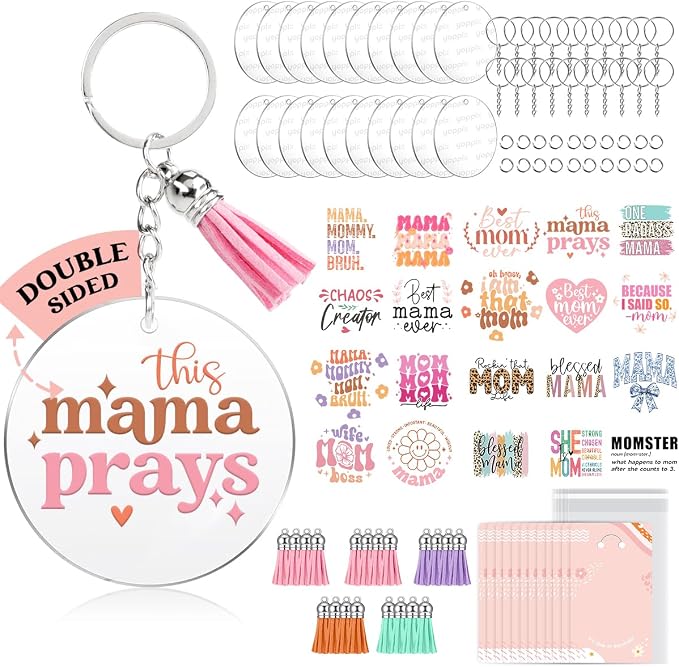 YOPPIX 140 PCS Acrylic Keychain Blank Set, Mama Double-Sided UV DTF Stickers