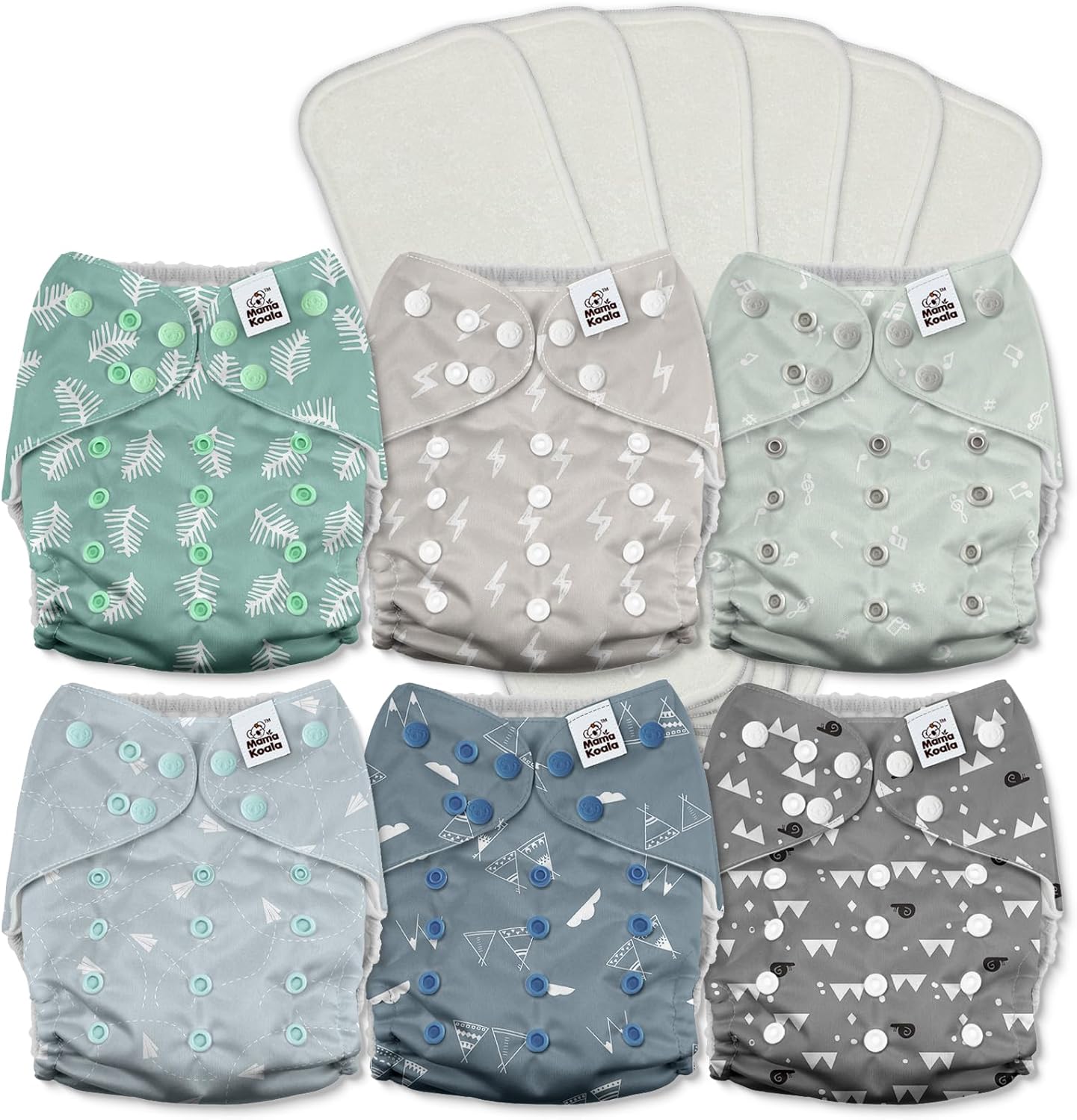 Mama Koala 3.0 Pocket Cloth Diapers for Babies with AWJ Lining, 6 Pack with 6 5-Layer Natural Cloth Diaper Inserts - Reusable and Washable Pocket Diapers(A-The Gray Sky)