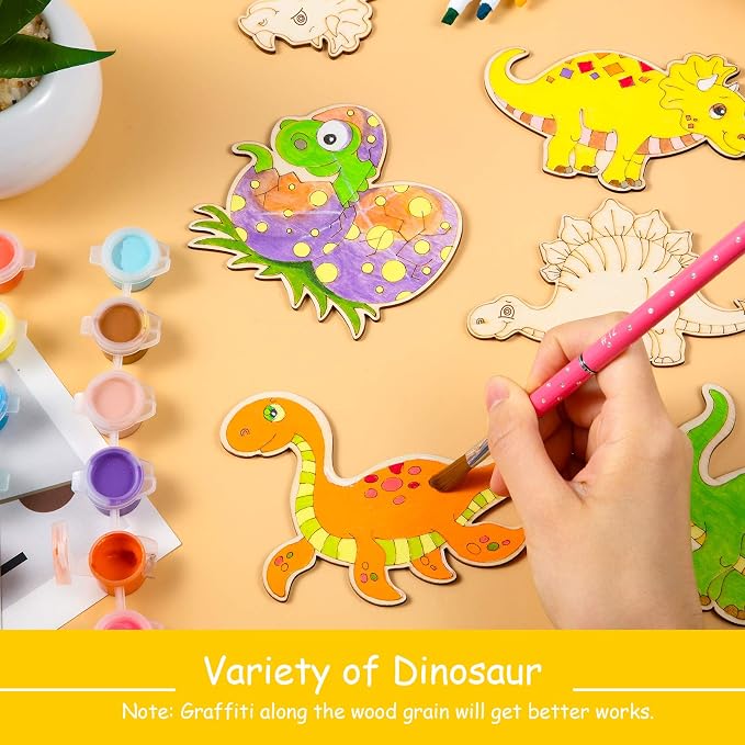 Jetec 64 Pieces Dinosaur Unfinished Wood Cutouts Animal Wooden Paint Crafts