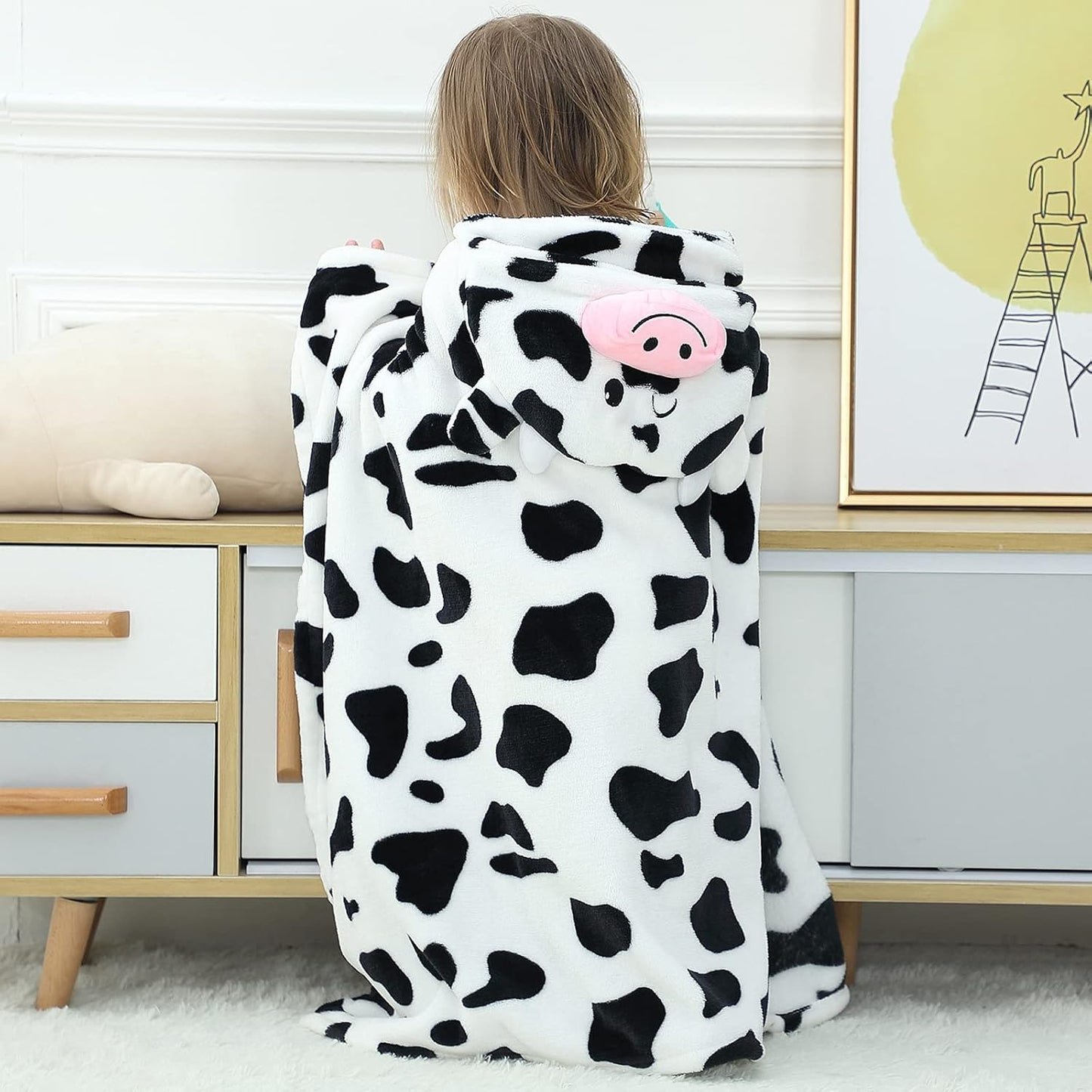 Wearable Blanket Hoodie for Kids Toddlers Hooded Towels Soft Cozy Flannel Wearable Throw Blanket Hoodie for Boys Girls Birthday Gifts (Dairy Cow 50 * 40)