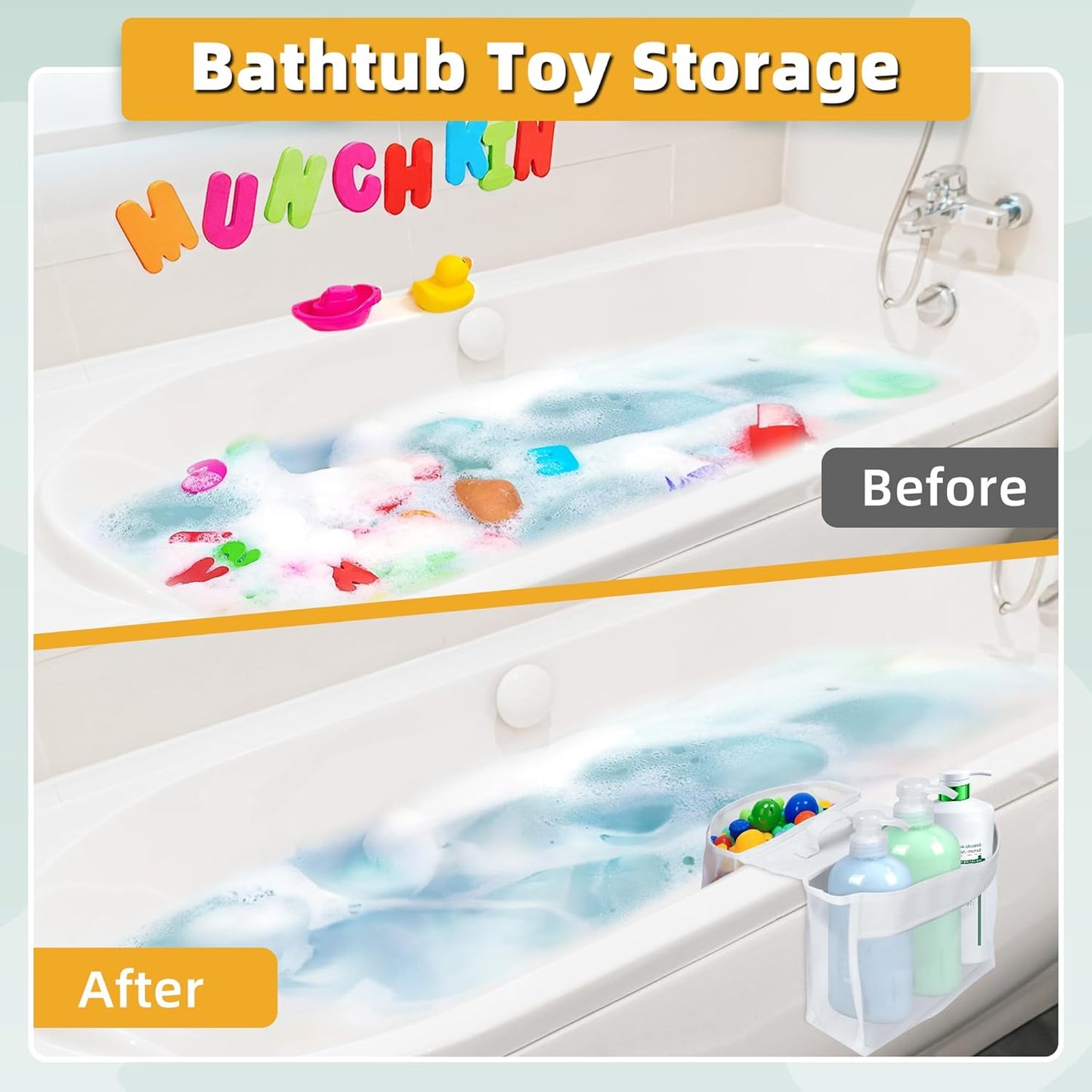 Bath Toy Storage, 2 Compartments Bathtub Toy Storage, Easy to Place, Mesh Material Bath Toy Holder Keeps Toys Dry and Breathable, Shower Toy Holder for Bathtub Developing Children's Storage Habits