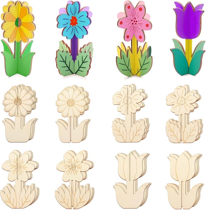 3D Wooden Flower Crafts to Paint, 4 Styles Flowers Ornaments