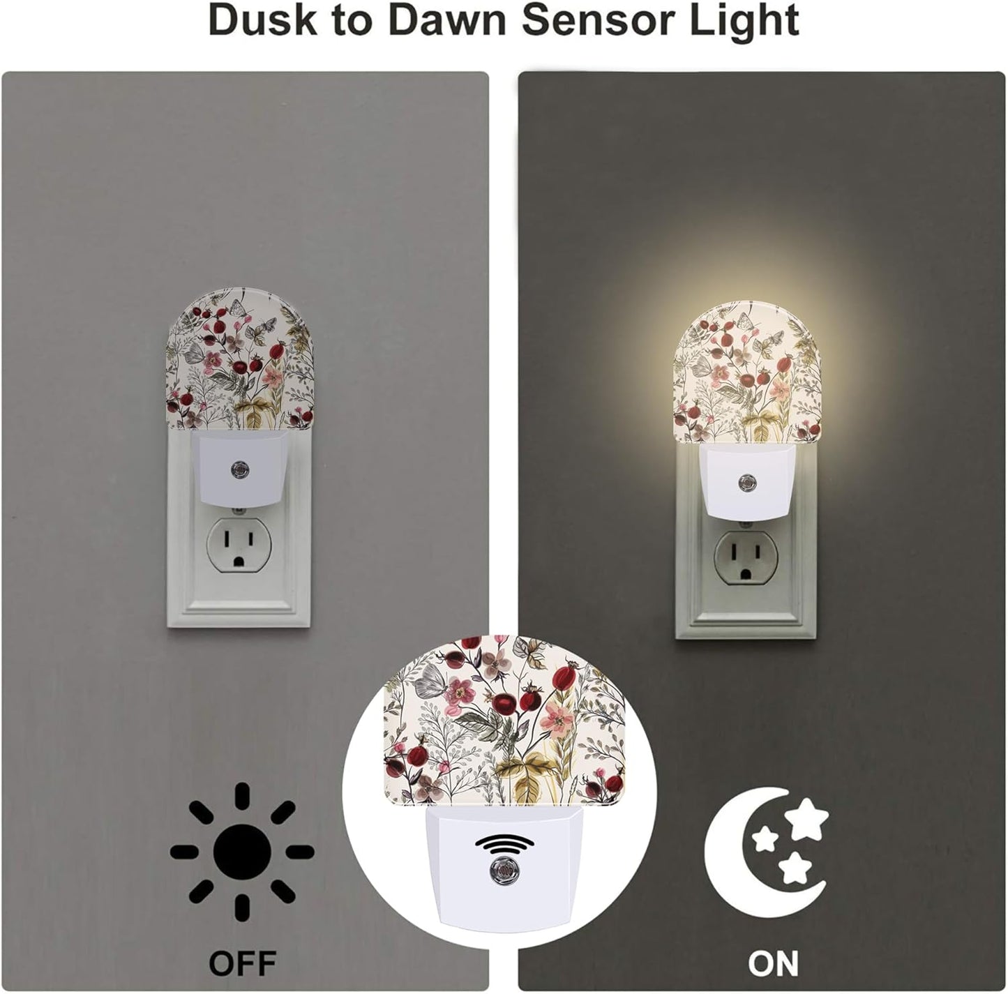 Vintage Flowers Butterfly Night Light, Watercolor Floral Dusk to Dawn Night Light Plug in,0.5w Energy Saving Sleep Friendly NightLight for Kids Boys Girls Home Decor